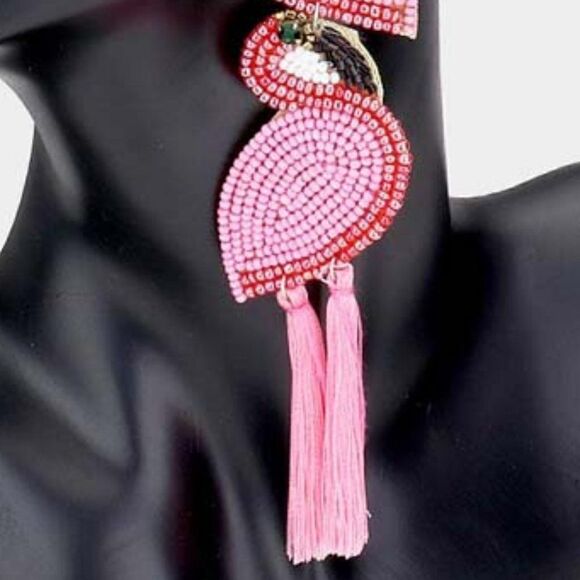 Flamingo Pink Seed Beaded Tassel Dangle Earrings - Picture 3 of 6